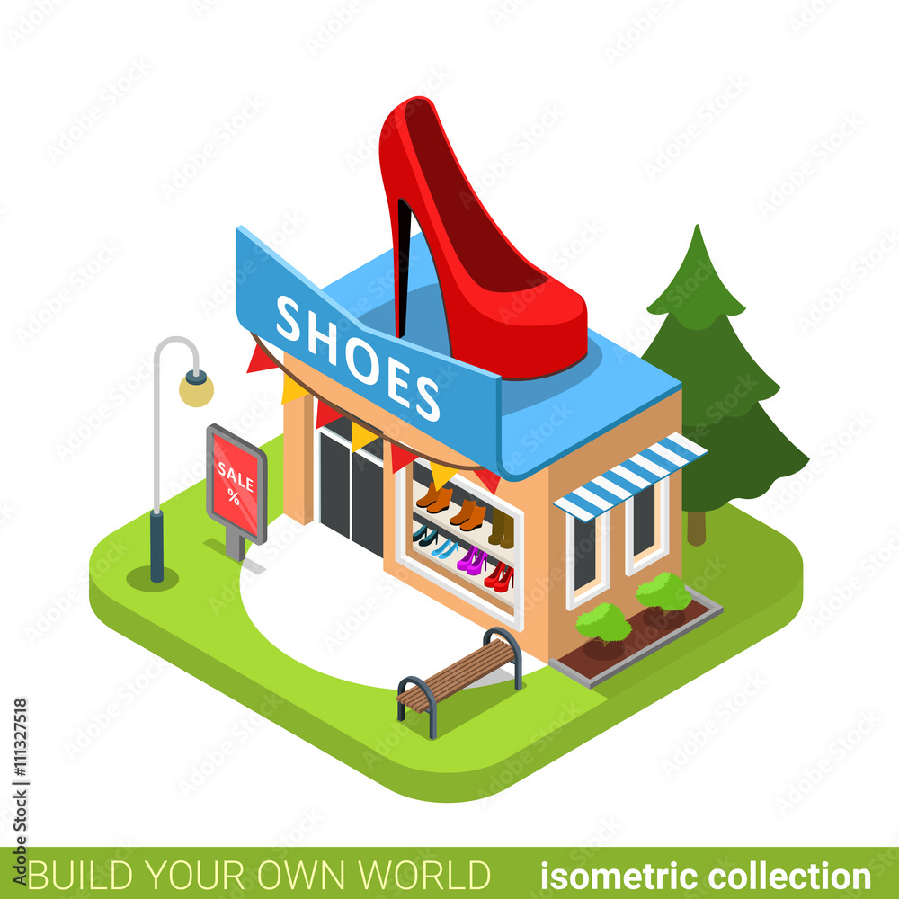 Shoes boots fashion boutique shoe shape building realty real estate concept. Flat 3d isometry isometric style web site icon vector illustration. your own world architecture collection. Vector
