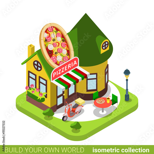 Pizzeria cafe restaurant shop pizza shape building realty real estate concept. Flat 3d isometry isometric style web site app icon vector illustration. Build your own world architecture collection.