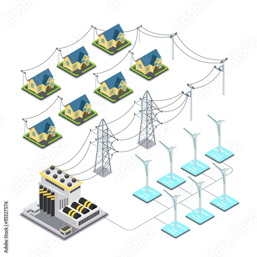 Sea wind energy propeller green village power supply cycle infographics concept. Flat 3d isometry isometric style web site vector illustration. Ecology eco power lifestyle sustainable world collection
