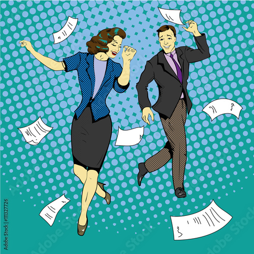 Man and woman dancing with paper documents flying around. Vector illustration in comics retro pop art style