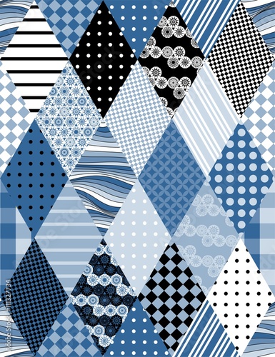 Winter seamless patchwork pattern. Fabric in blue tones. Vector illustration