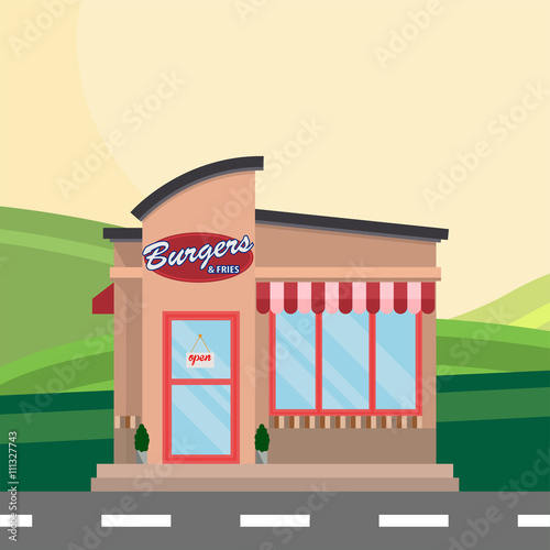 Modern landscape set with cafe, restaurant building. Flat style vector illustration. Flat burger restaurant building block infographic concept. Street corner fast food burgers fries cola dinner.