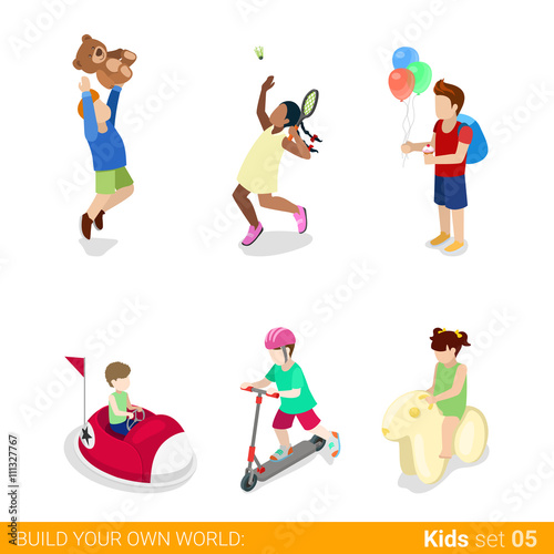 Active recreation amusement park fun sports teenagers children flat 3d isometric web infographic concept vector icon set. Jumping tennis electric car attraction kick board. Creative people collection.
