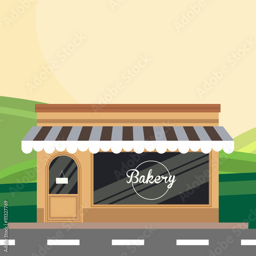 Modern landscape set with bakery building. Flat style vector illustration. Food shop, cake cafe, bread shop isolated. Bakery store background. bakery shop, bakery sweets