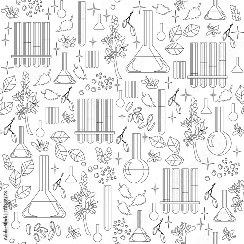 Black and white seamless pattern with alchemical equipment.