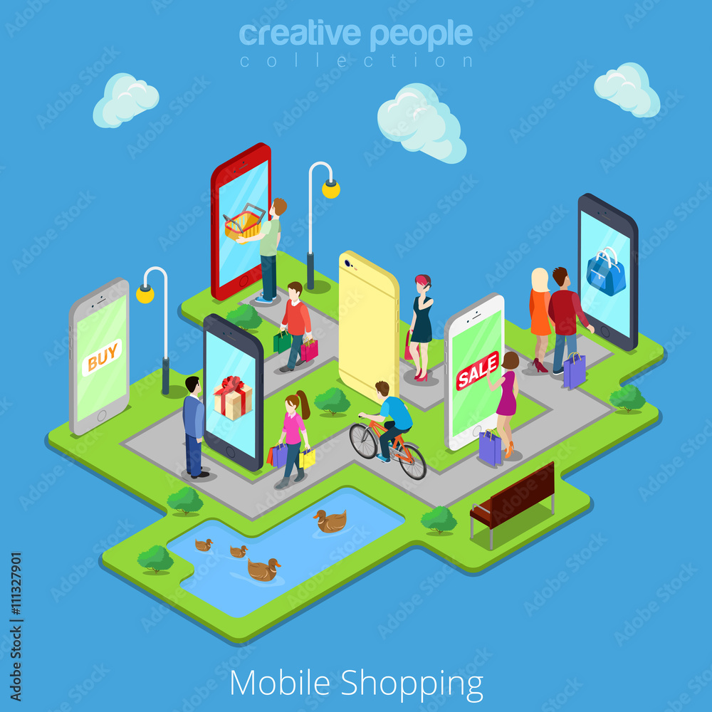 Flat 3d web isometric mobile e-commerce electronic business online mobile shopping sales infographic concept vector. People walk streets between stores boutiques inside smartphones tablets.