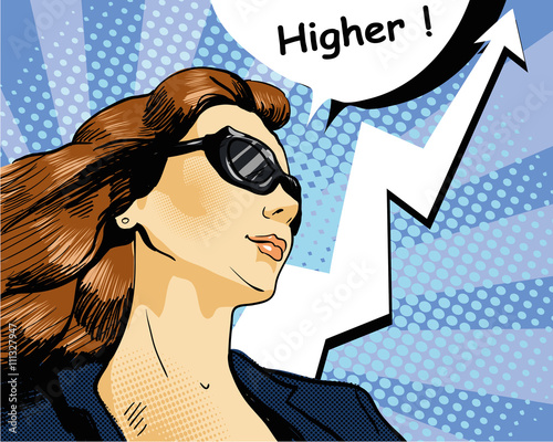 Woman in sunglasses with arrow graph. Vector illustration, comics retro pop art style