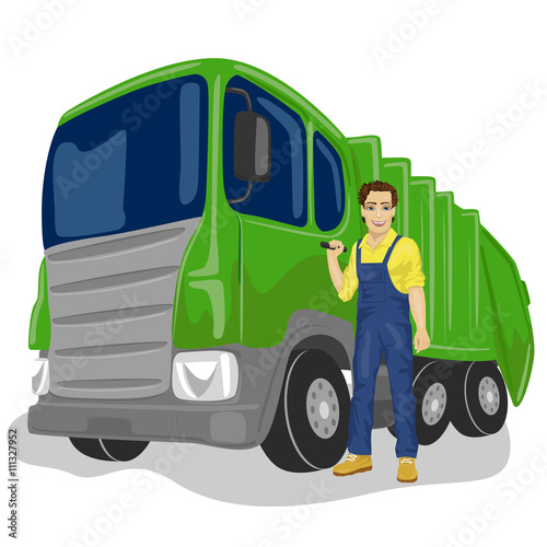 Municipal worker next to recycling garbage collector truck loading waste and trash bin