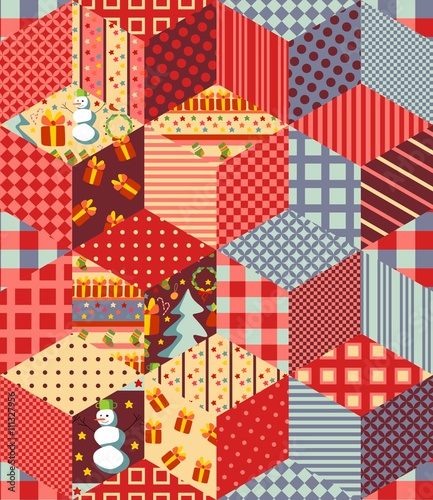 Seamless patchwork pattern for Christmas New year background. Vector illustration of quilt.
