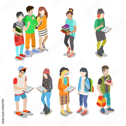 Active urban young student casual street people flat 3d isometric web infographic friendship concept vector icon set. Creative people collection.