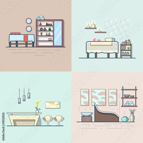 Spa salon beauty shop room interior indoor set. Linear multicolor stroke outline flat style vector icons. Color icon collection.