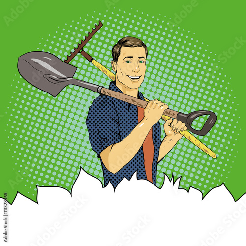 Man with garden tools. Vector illustration in retro comic pop art style