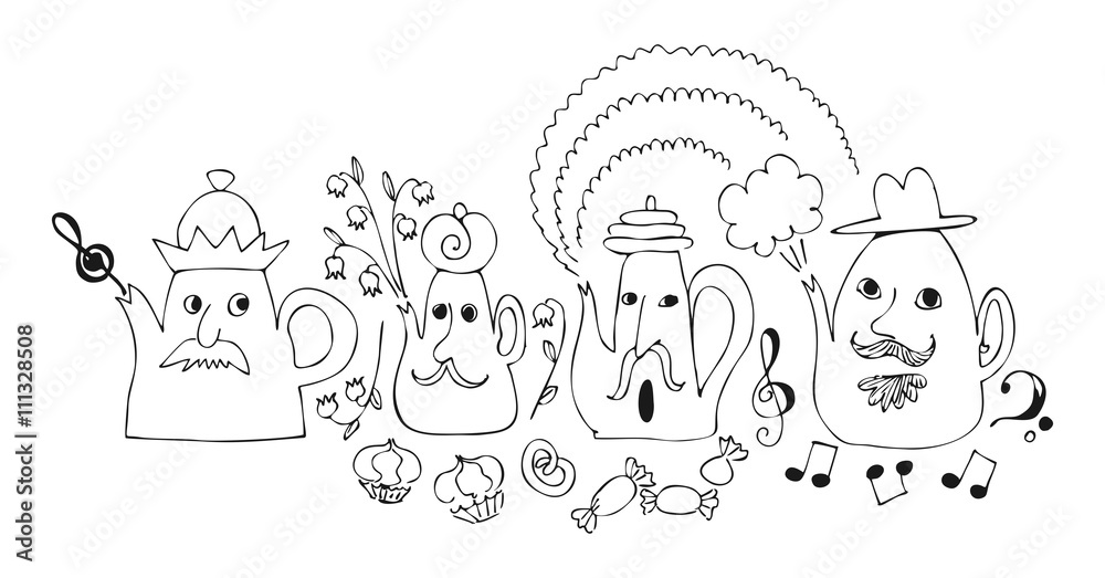 Cartoon drawing of talking teapots. Cute fairy vector illustration.