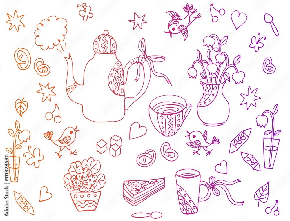 Beautiful card with hand drawn elements for tea party - teapot, cups, spoons, vases with flowers, sweetness. Vector illustration.