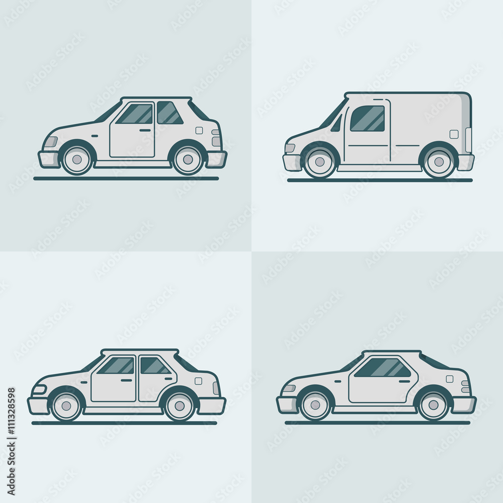 Obraz premium Motor passenger car van sportscar sedan hatchback road transport set. Linear stroke outline flat style vector icons. Monochrome icon collection.