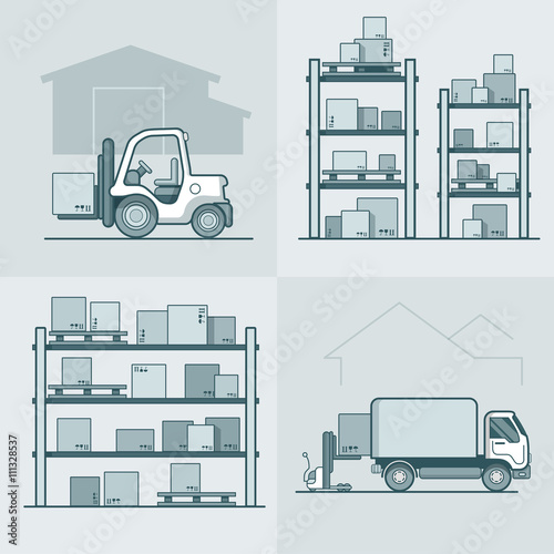 Warehouse rack shelving loader box loading van set. Storage business concept. Linear stroke outline flat style vector icons. Monochrome icon collection.