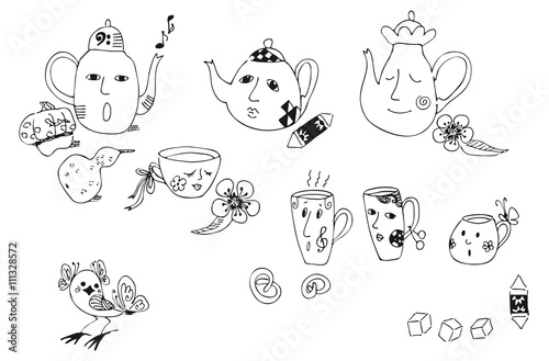 Collection of cartoon hand drawn elements for tea party - teapots, cups, sweetness. Black lines on white background. Childish monochrome vector illustration.
