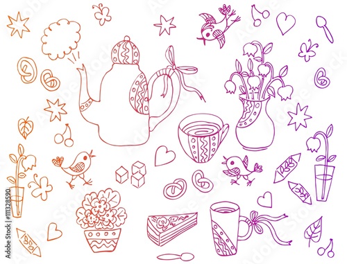 Beautiful card with hand drawn elements for tea party - teapot, cups, spoons, vases with flowers, sweetness. Vector illustration.