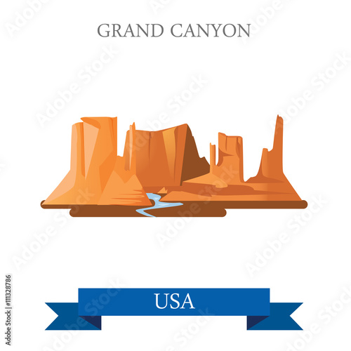 Grand Canyon National Park in Arizona United States. Flat cartoon style historic sight showplace attraction web site vector illustration. World vacation travel sightseeing North America USA collection
