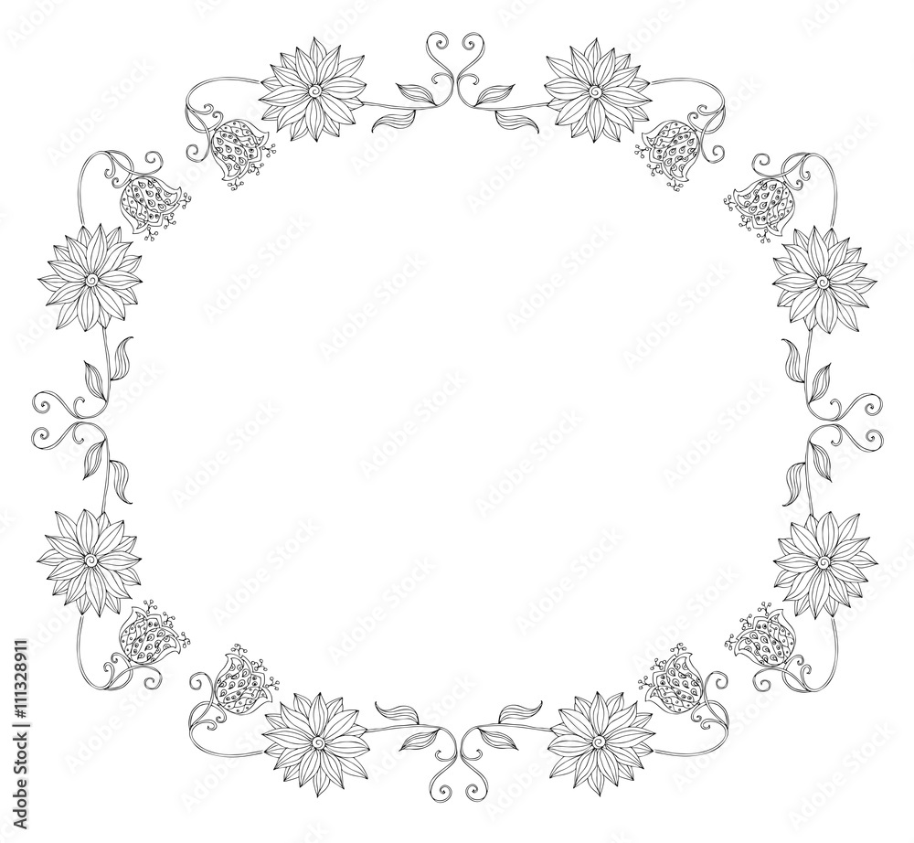 Frame with hand drawn flowers. Black and white vector illustration