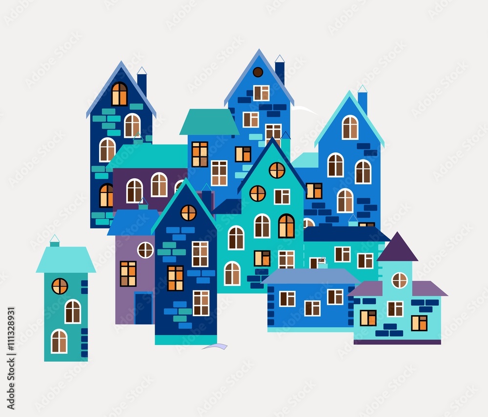 Card with cute houses. Small town in winter. Vector illustration.