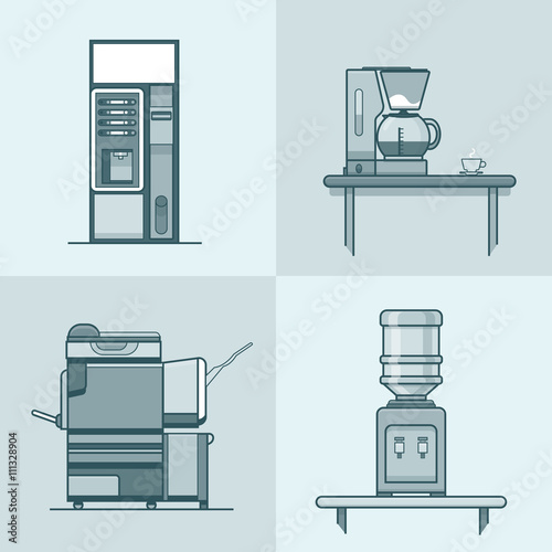 Office kitchen technical room interior indoor set. Linear stroke outline flat style vector icons. Mono color coffee cooker vending machine multifunction copier water cooler icon collection.
