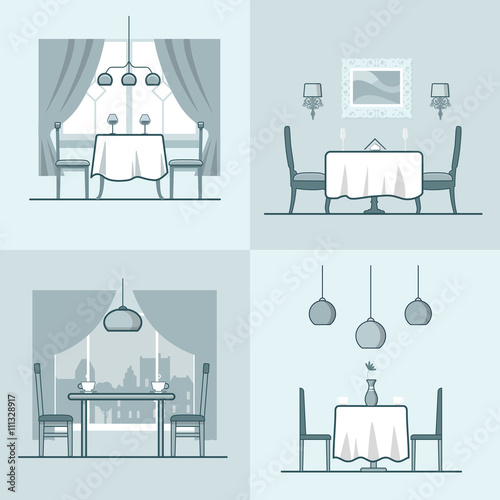 Restaurant cafe condo accommodation dining room cosy modern interior indoor set. Linear stroke outline flat style vector icons. Monochrome table stool chair wine coffee diner  icon collection.