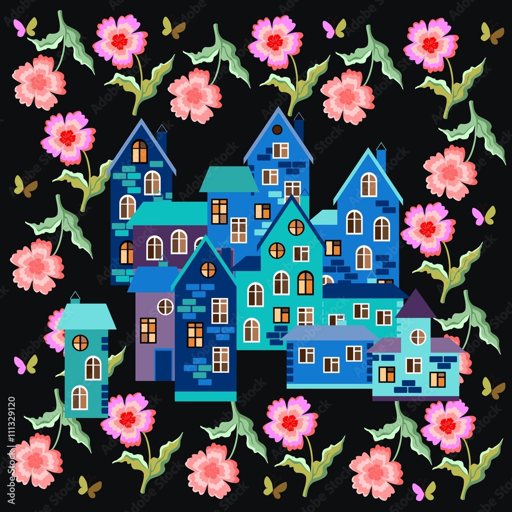 Summer night. Card with beautiful town surrounded by beautiful flowers. Bandana print or silk neck scarf. Kerchief square pattern design style for print on fabric. Vector illustration.
