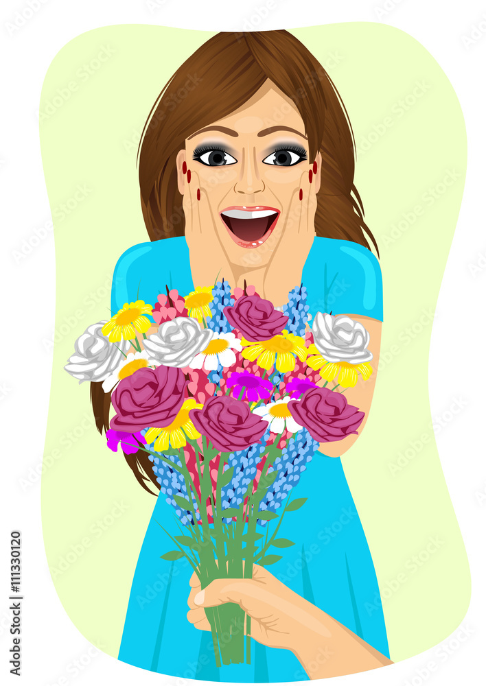 Φωτογραφία Surprised young woman receiving bouquet of wild flowers on a date from men's han
