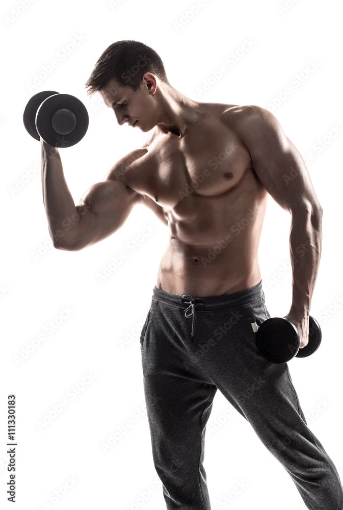 Muscular man doing exercises with dumbbells isolated on white background