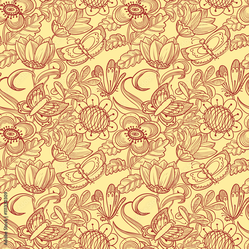 Vector doodle floral seamless pattern with butterflies