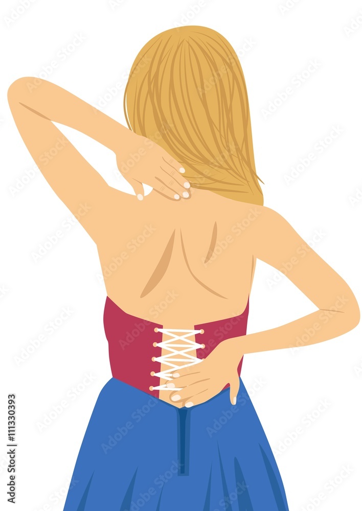 Naklejka premium Young woman rubbing her painful back. Pain relief, chiropractic concept