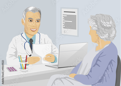 Senior female patient having consultation with mature doctor in office