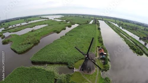 Aerial Kinderdijk Childrens Dike flight around a windmill Unesco World Heritage Unique Dutch sight and the most popular tourist attraction in Holland The Netherlands exists of 17 mills 4k from sky photo