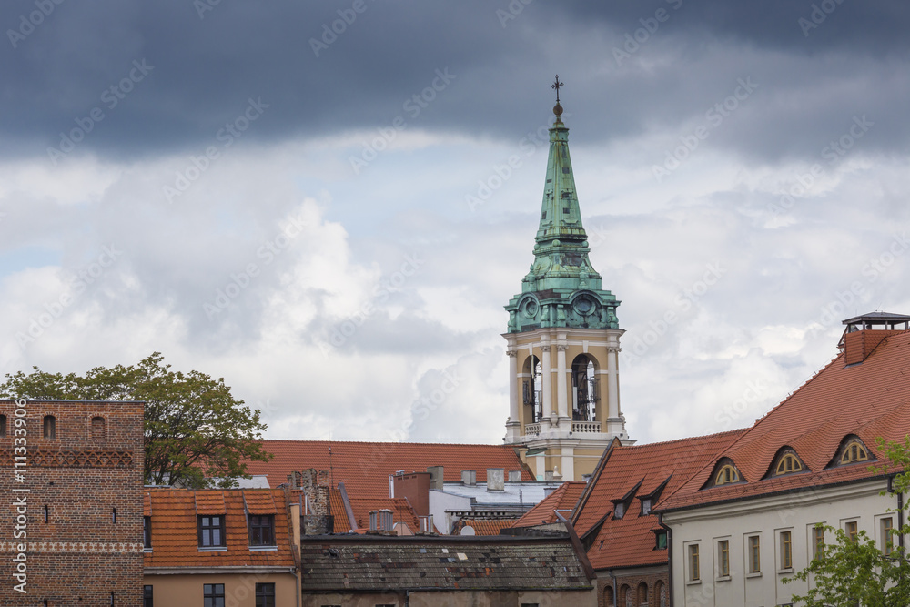 Torun in Poland, Old Town skyline, fortified medieval city, river view.