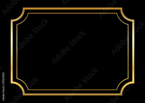Gold frame. Beautiful simple golden design. Vintage style decorative border, isolated on black background. Deco elegant art object. Empty copy space for decoration, photo, banner. Vector illustration.