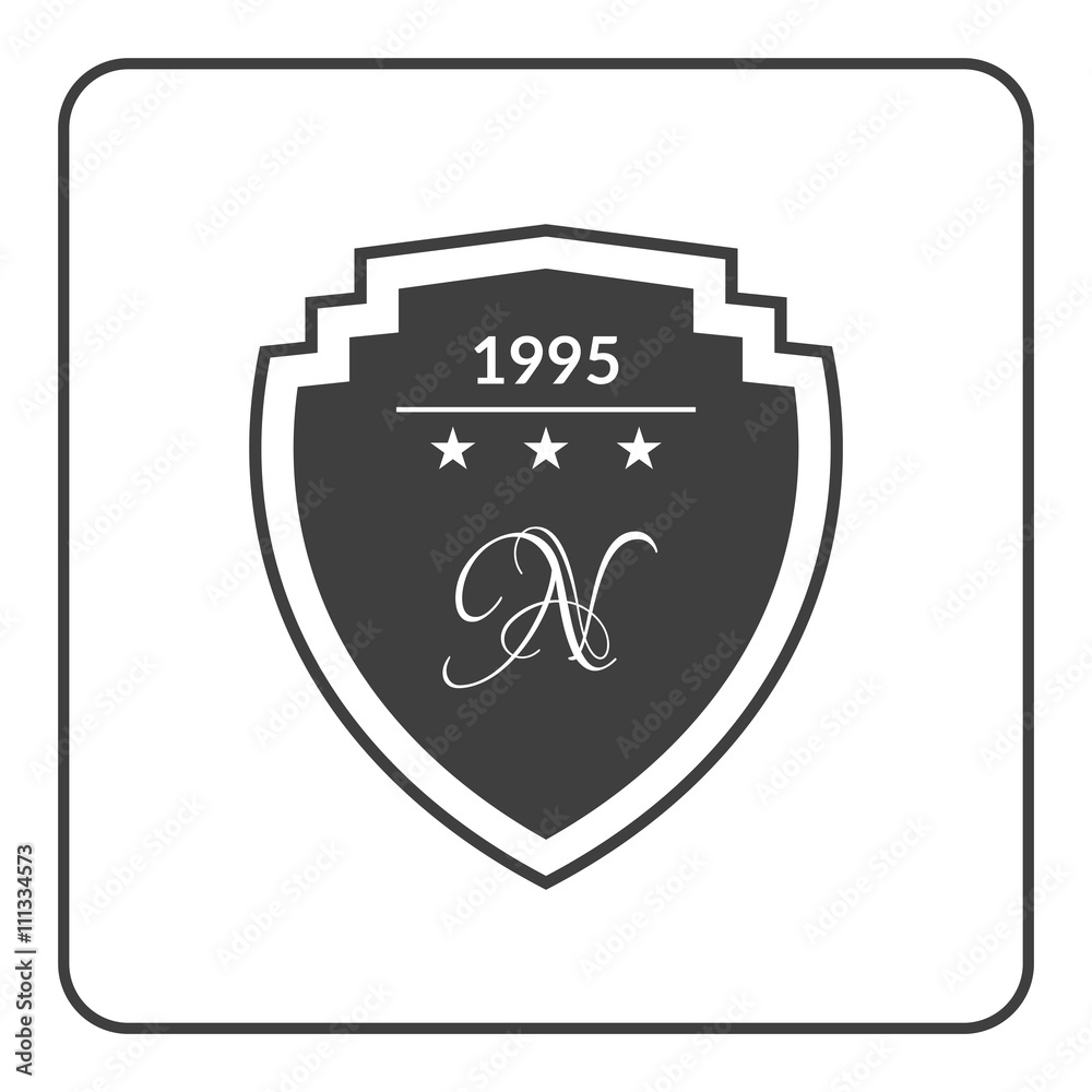 Shield emblem icon with stars, monogram. Black sign silhouette isolated on white background. Symbol of protection, security. Guard heraldic label. Blank for logo design. Flat style Vector illustration Shield emblem icon with stars, monogram. Black sign silhouette isolated on white background. Symbol of protection, security. Guard heraldic label. Blank for logo design. Flat style Vector illustration