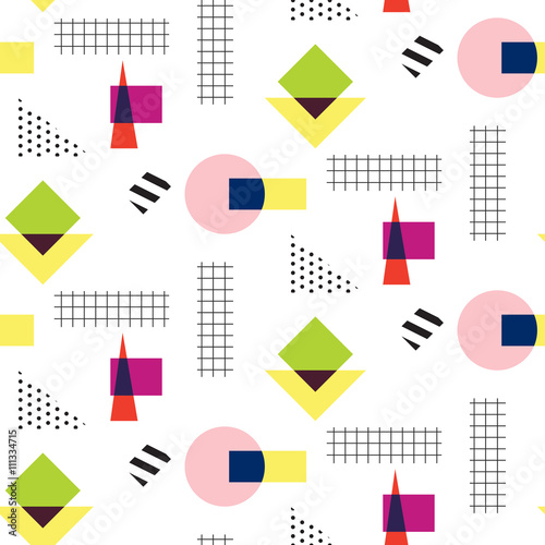 Memphis retro 80s seamless pattern. Checkered lines, abstract shapes, color blocks and dash dots elements in eighties fashion style. Circles and checkered squares.