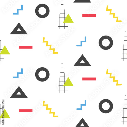 Memphis retro 80s seamless pattern. Checkered lines, abstract shapes, color blocks and dash dots elements in eighties fashion style. Zigzag lines and triangles on white.