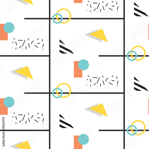 Memphis retro 80s seamless pattern. Checkered lines, abstract shapes, color blocks and dash dots elements in eighties fashion style. Black lines and abstract pop shapes.