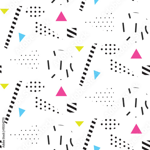 Memphis retro 80s seamless pattern. Checkered lines, abstract shapes, color blocks and dash dots elements in eighties fashion style. Dotted triangles and dashed shapes on white.