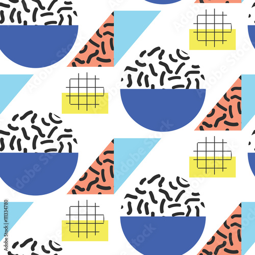 Memphis retro 80s seamless pattern. Checkered lines, abstract shapes, color blocks and dash dots elements in eighties fashion style. Bold colored semicircles and rhombuses.