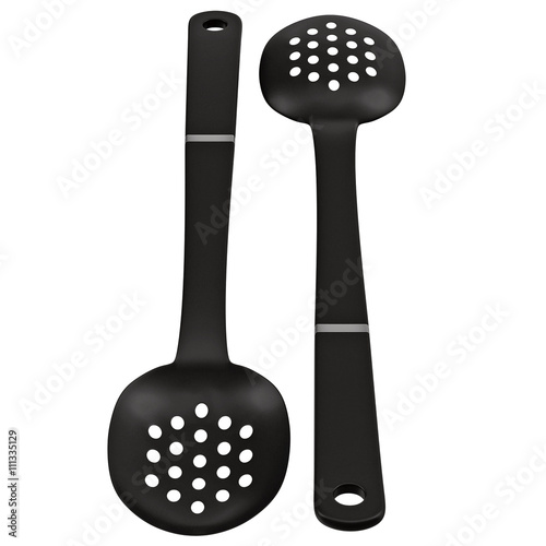 Slotted Spoon. Part of a series of kitchen utensils. Isolated on white. 3D Illustration photo