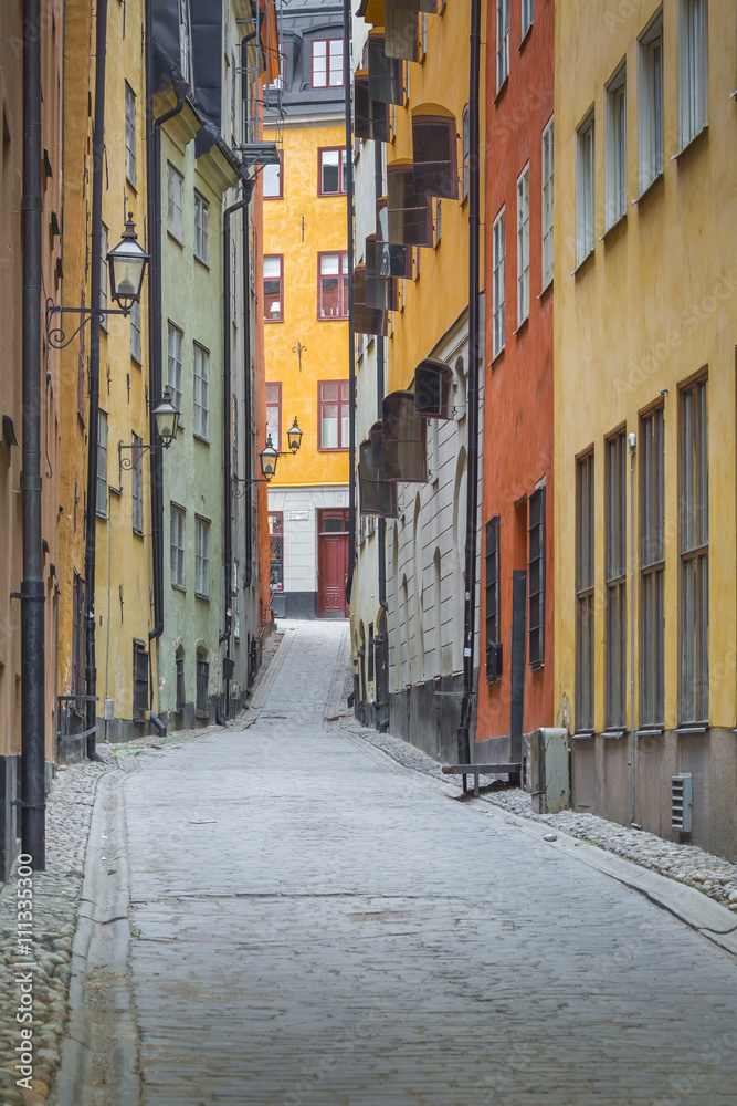 Fototapeta premium Colorful rustic Alley with Cobblestone road with a surrealistic