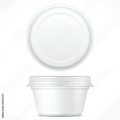 White Food Plastic Tub Bucket Container For Dessert, Yogurt, Ice Cream, Sour Cream Or Snack. Illustration Isolated On White Background. Mock Up Template Ready For Your Design. Product Packing 