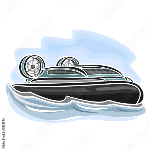 Vector illustration of logo for hovercraft on air-cushion, consisting of speed cartoon hover cushioncraft with propeller, floating on the ocean sea waves close-up on blue background