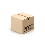 Closed cardboard box taped up and isolated on a white.  3D Illustration