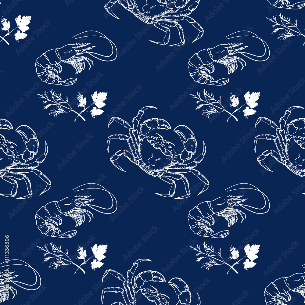 Shrimp, dill, crab on  dark blue background.