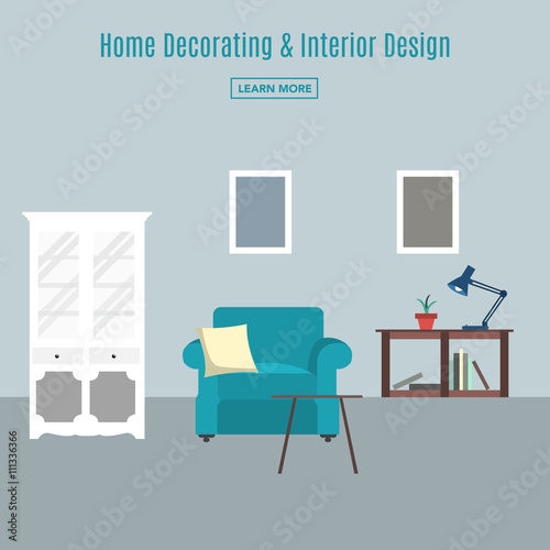 Home interior. Interior design of a living room for web site, print, poster, presentation, infographic. Flat design illustration. © serocco
