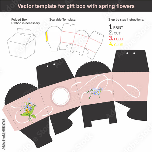 Elegant Gift Box in conical shape with hand drawn spring flowers | Scalable template | Die-stamping